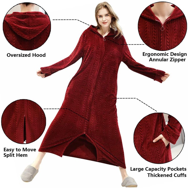 Oksun Womens Hooded Fleece Robe: Full Length Cozy Zipper Bathrobe - Plush Long Warm Winter Housecoat Nightgown (Wine Red, X-Large) - Image 2